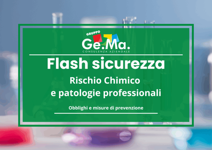 "Copertina di una presentazione intitolata 'Flash sicurezza: Rischio Chimico e patologie professionali – Obblighi e misure di prevenzione', realizzata da Gruppo Ge.Ma. Consulenza Aziendale. Lo sfondo mostra provette e strumenti da laboratorio sfocati."
