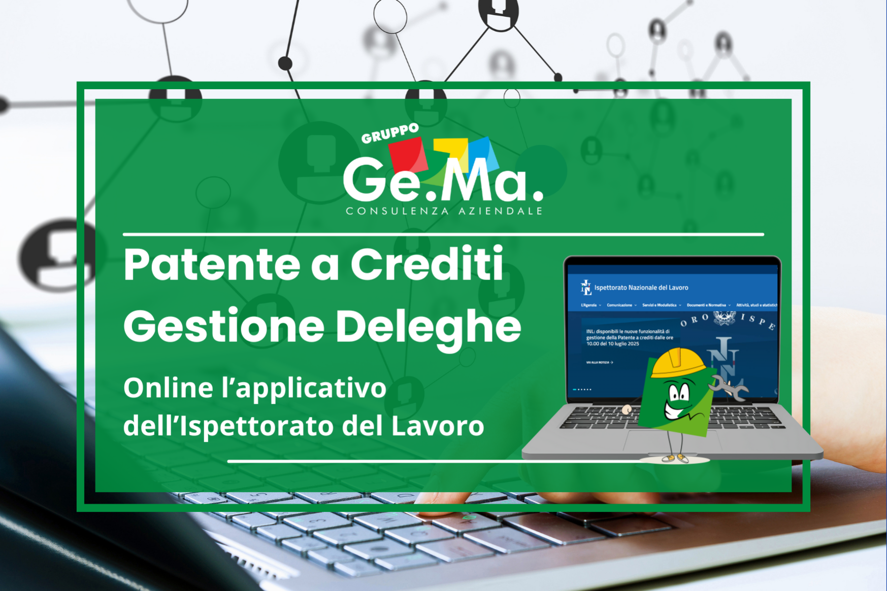 Patente crediti gestione online deleghe INL Immagine decorativa che illustra l'applicativo online per la gestione delle deleghe telematiche per la patente a crediti dell'edilizia dell'INL - Ispettorato Nazionale del Lavoro.