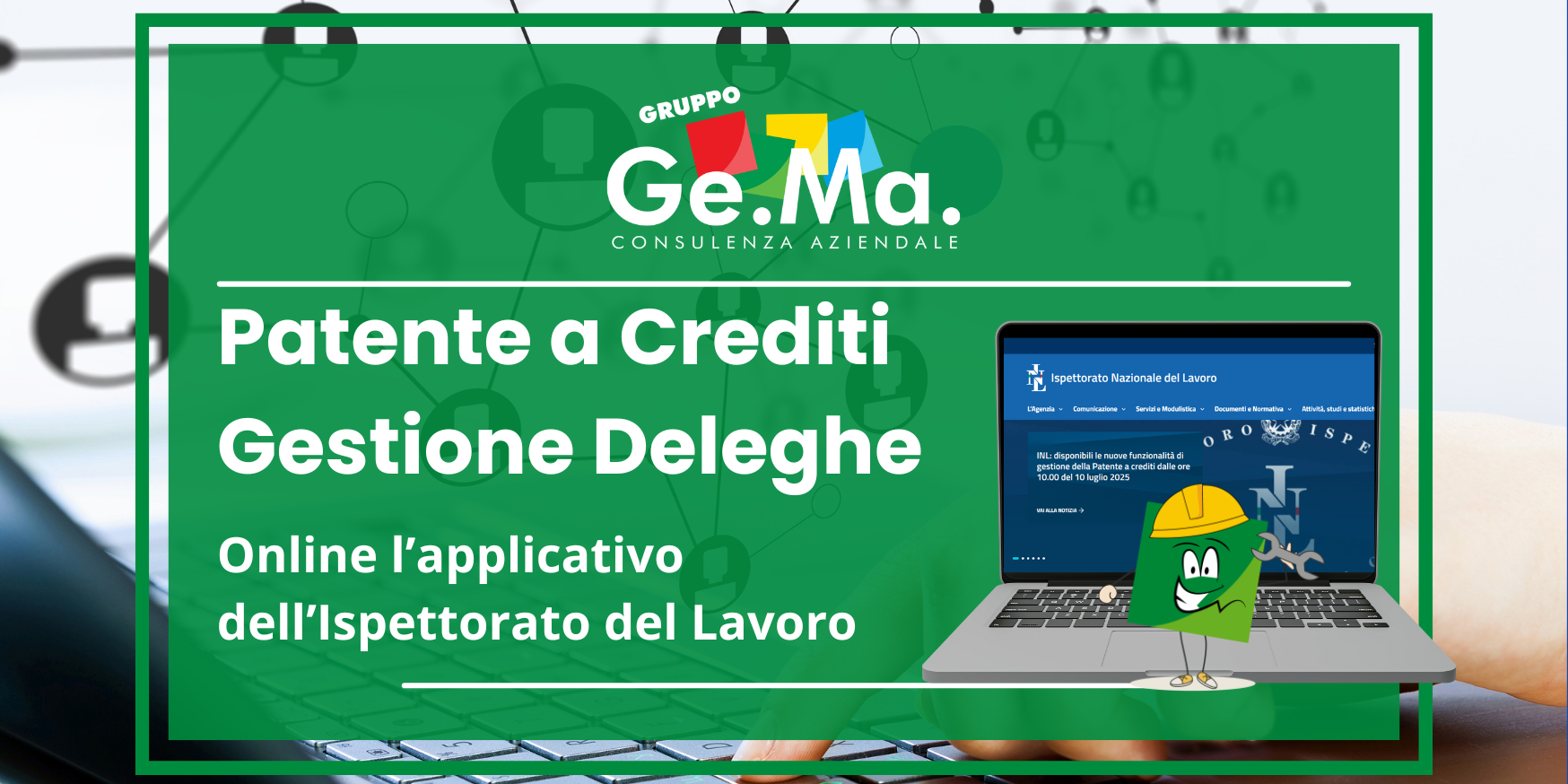 Immagine decorativa che illustra l'applicativo online per la gestione delle deleghe telematiche per la patente a crediti dell'edilizia dell'INL - Ispettorato Nazionale del Lavoro.