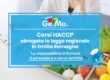 "Locandina corsi HACCP Emilia Romagna – Gruppo Ge.Ma. Consulenza Aziendale. Abrogata la legge regionale sui corsi HACCP: la responsabilità della formazione del personale ricade sull’OSA. Immagine con alimenti freschi (verdure, agrumi, aglio, insalata) e illustrazione di un cuoco stilizzato."