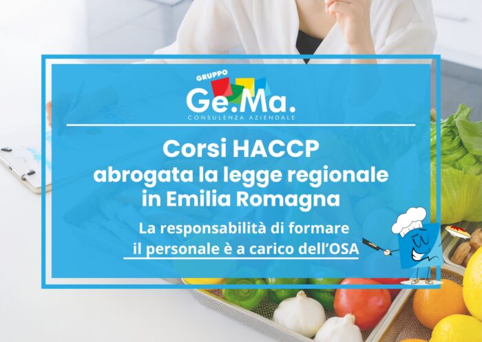 "Locandina corsi HACCP Emilia Romagna – Gruppo Ge.Ma. Consulenza Aziendale. Abrogata la legge regionale sui corsi HACCP: la responsabilità della formazione del personale ricade sull’OSA. Immagine con alimenti freschi (verdure, agrumi, aglio, insalata) e illustrazione di un cuoco stilizzato."
