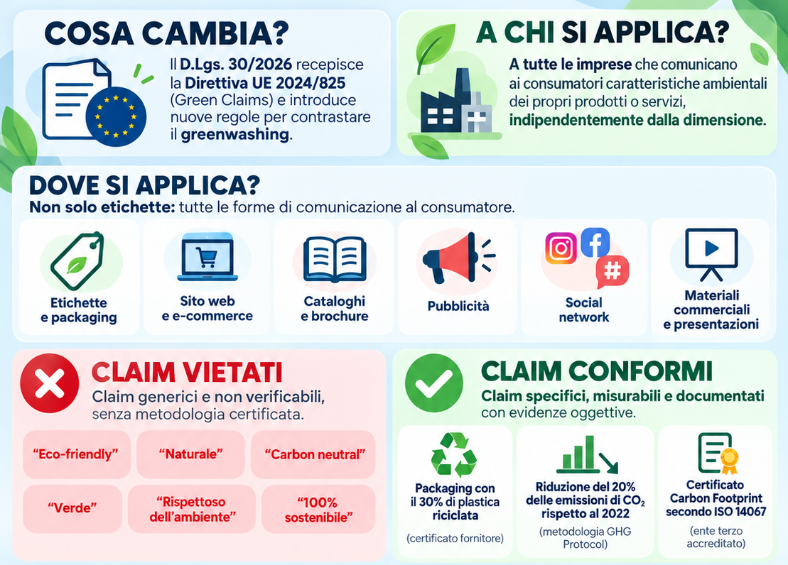 Infografica di G-Safe. dedicata ai Green Claims e al contrasto al greenwashing: D.Lgs. 30/2026 e Direttiva UE 2024/825, dichiarazioni ambientali vietate, claim di sostenibilità conformi ed esempi di comunicazione ambientale trasparente e verificabile per imprese, prodotti e servizi.