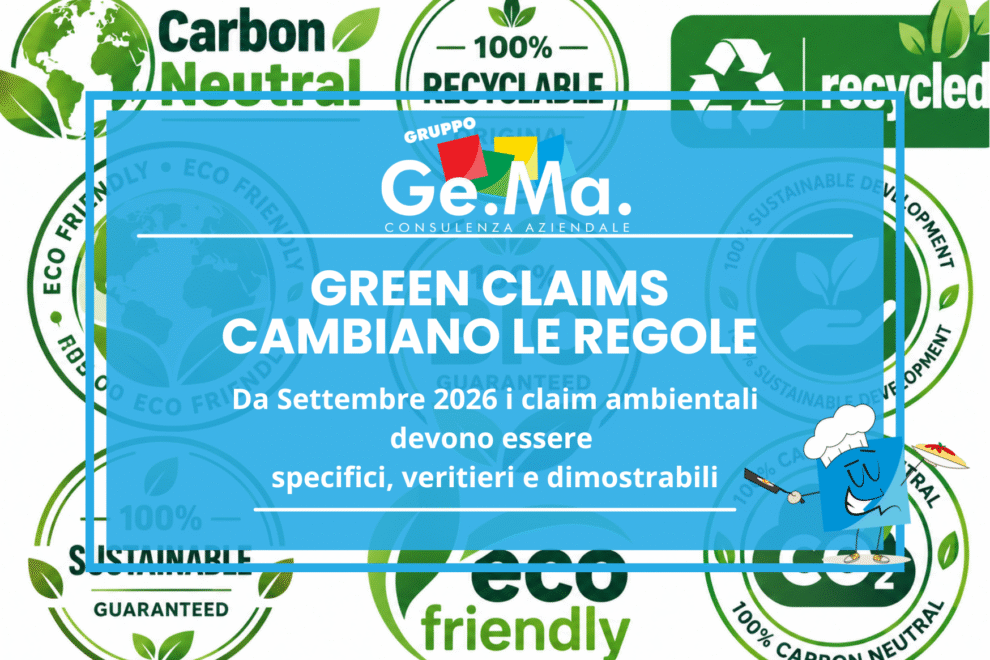 Infografica di Gruppo Ge.Ma. sulle nuove regole Green Claims 2026, con focus su dichiarazioni ambientali verificabili, sostenibilità aziendale e contrasto al greenwashing.