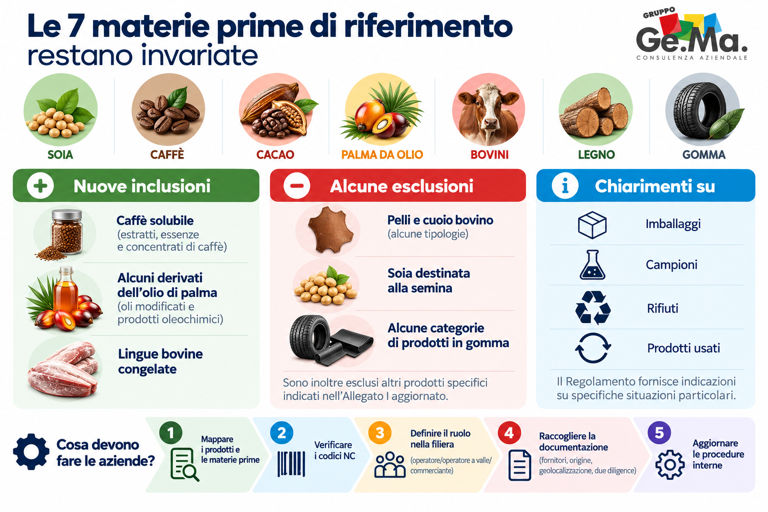 Infografica EUDR sulle 7 materie prime soggette al Regolamento UE contro la deforestazione: soia, caffè, cacao, palma da olio, bovini, legno e gomma, con nuove inclusioni, esclusioni, chiarimenti e principali adempimenti per le imprese. Gruppo Ge.Ma consulenza aziendale.