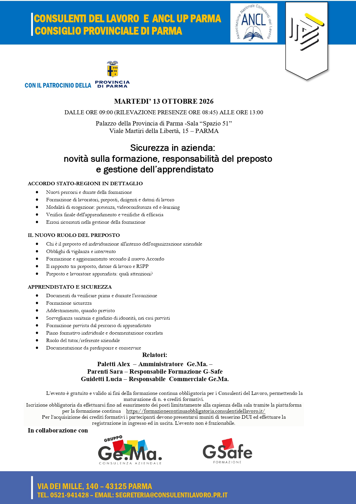 Locandina del convegno “Sicurezza in azienda: novità sulla formazione, responsabilità del preposto e gestione dell’apprendistato”, organizzato a Parma il 13 ottobre 2026 da ANCL UP Parma e Consiglio Provinciale di Parma, in collaborazione con Gruppo Ge.Ma. e G-Safe. L’incontro approfondisce l’Accordo Stato-Regioni, il ruolo del preposto e la sicurezza nell’apprendistato.